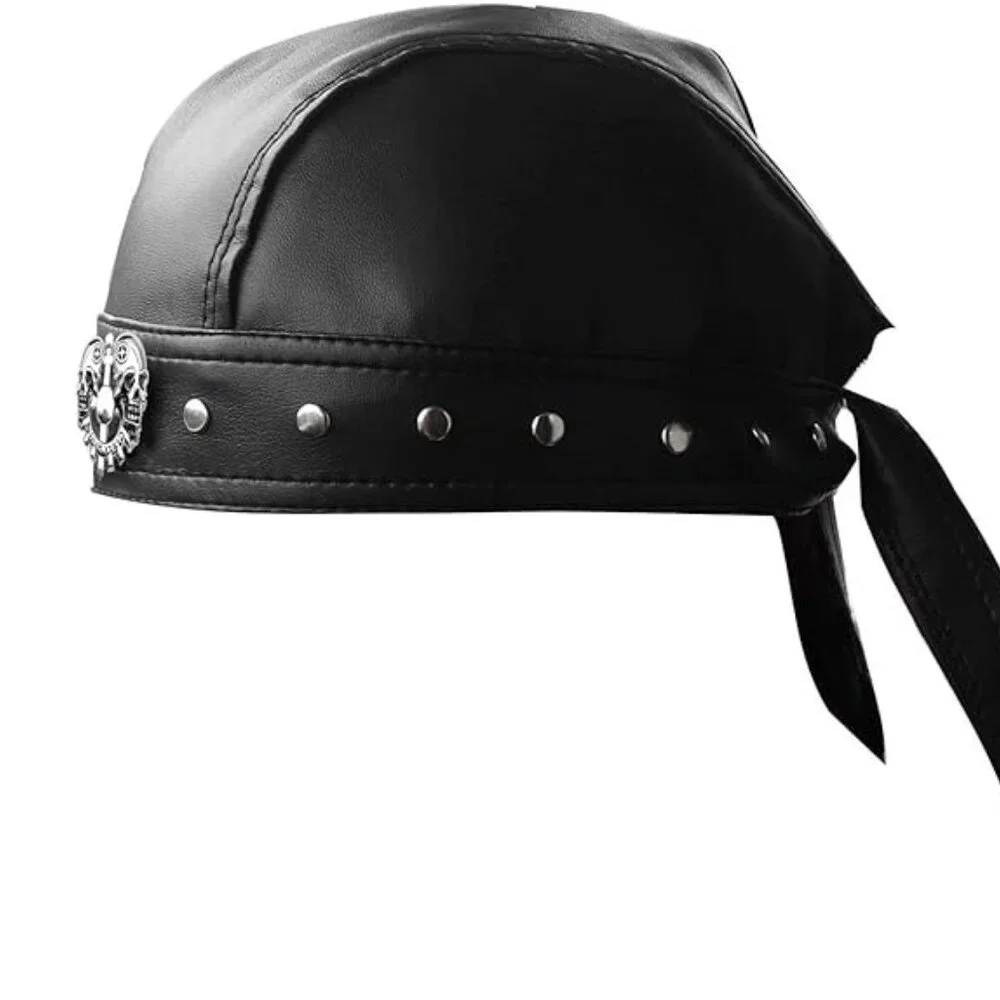 Adjustable Skull Cap Motorcycle Biker Leather Cap Black‎